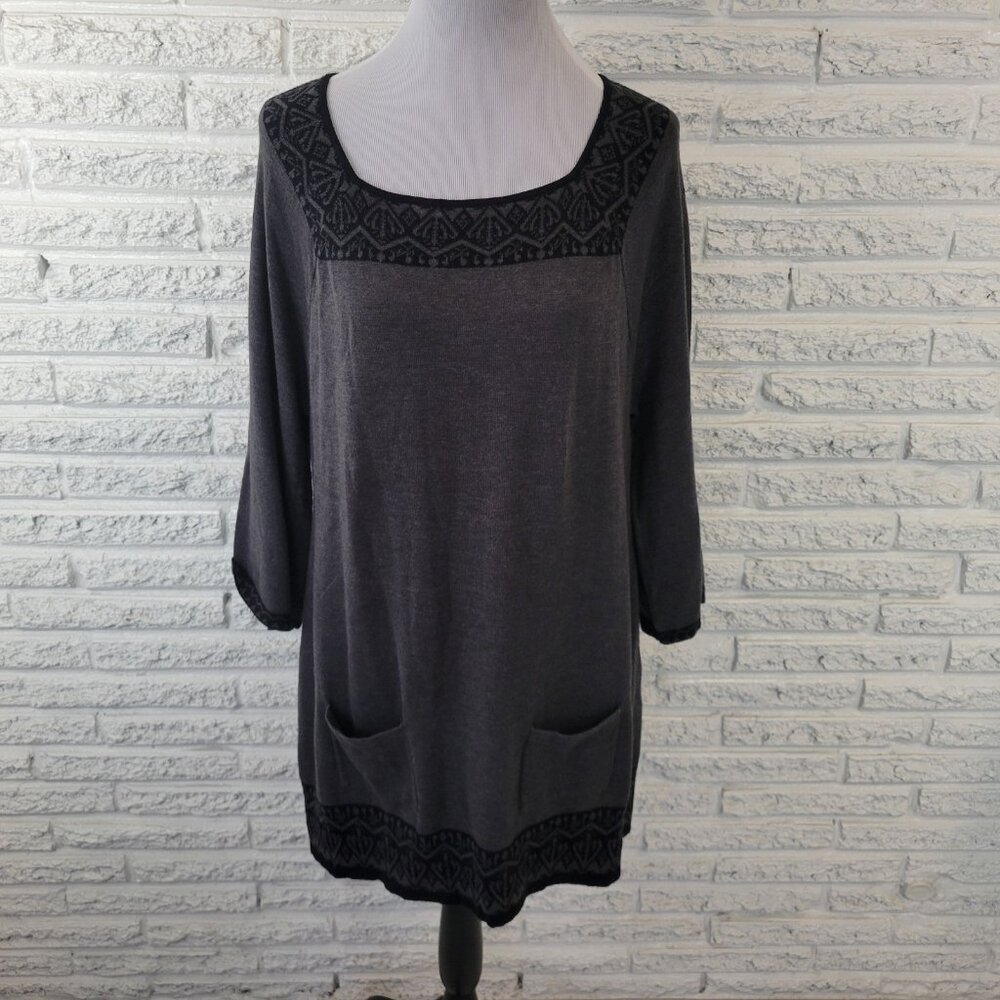 Style Co Womens Top XL Tunic Knit Sweater 3/4 Sleeve Gray Pocket GRA24E